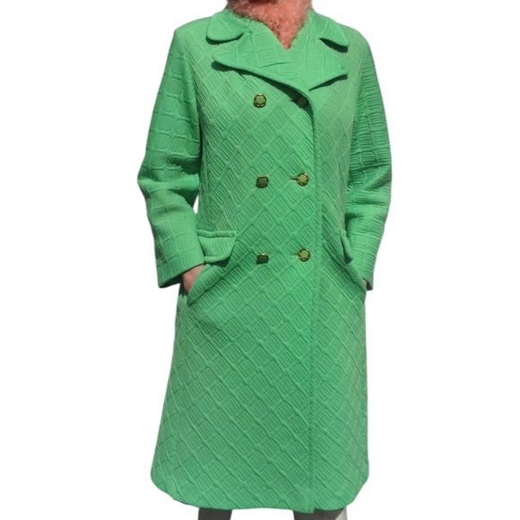 Vintage Jackets & Blazers - Vintage 60s MOD Mid Century Modern Long Coat‎ Green Double Breasted Bold Funky L